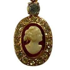 Vintage Red Gold Cameo Pendant Surrounded in Rhinestones Design