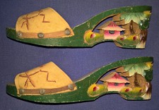 1940s WWII Pair Ornate Womans Hand Carved Wooden Shoes Phillippines "6"