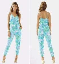 Lilly Pulitzer Melba Lagoon Green Blue Wave Runner Jumpsuit S POCKETS 6 8