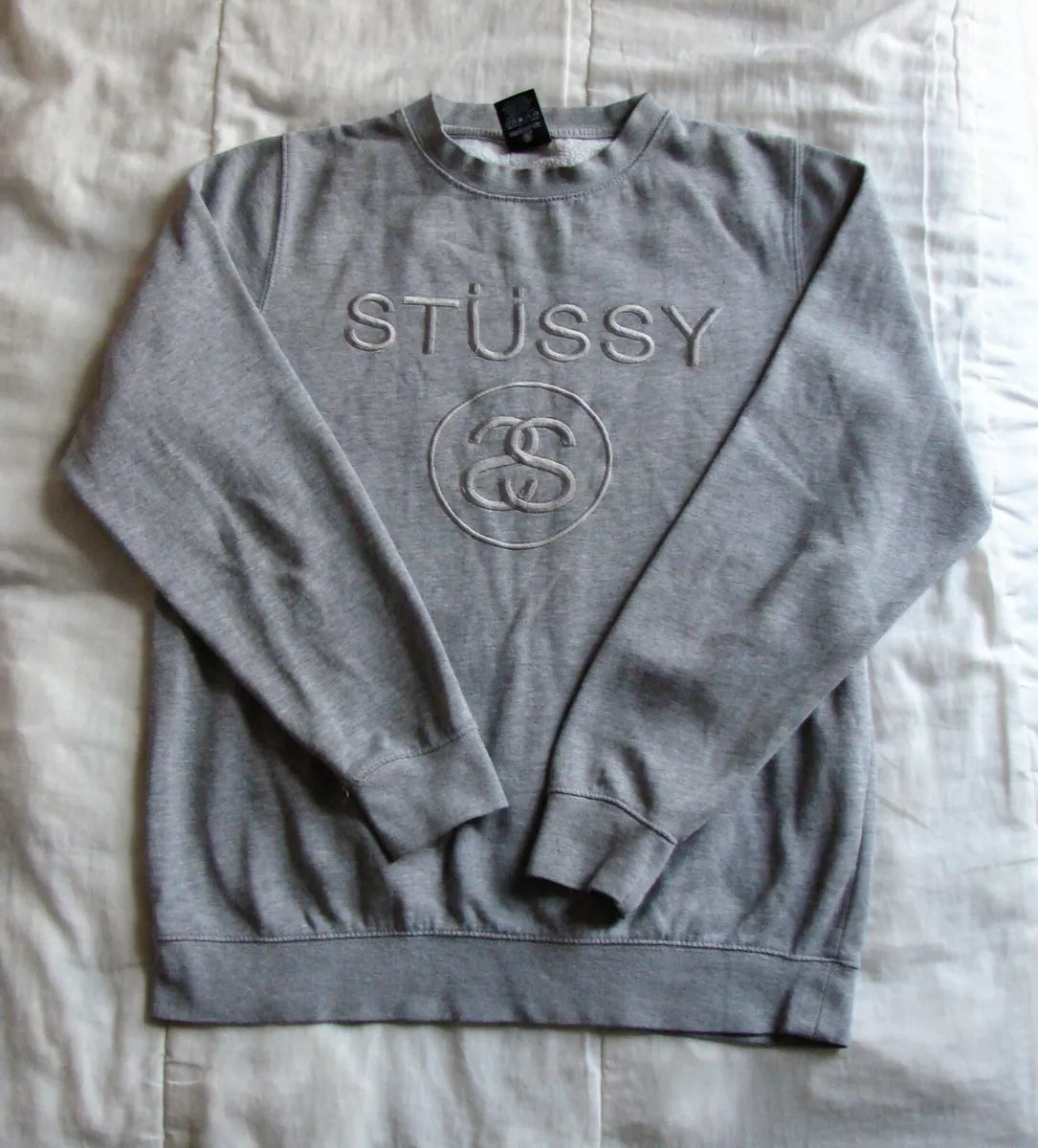 Men s Stussy Light Gray Logo Long Sleeve Crewneck Sweater Size