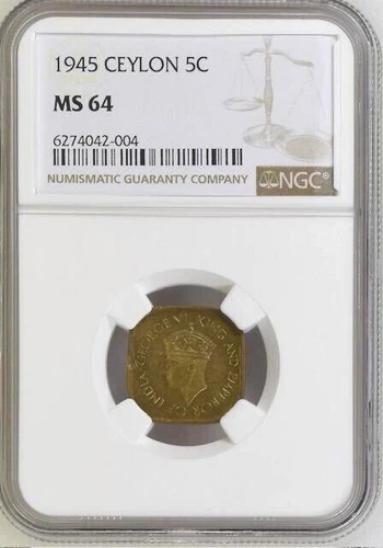 Ceylon 5 Cents 1945 NGC MS 64, King George VI Toning