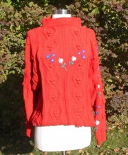 Super Cute Vintage Red Embroidered Floral Sweater EUC Large