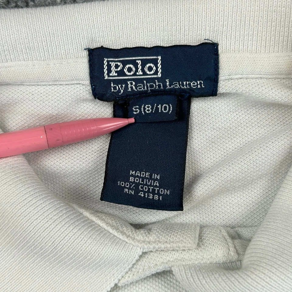 Camisa Polo Ralph Lauren Vintage Niños Pequeña 8/10 Blanca Triple Pony Estampida Años 90 Foto 3 de 4