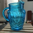 Vtg Anchor Hocking Colonial Tulip Laser Blue Glass 9" Ice Lip Pitcher
