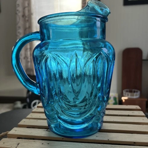 Vtg Anchor Hocking Colonial Tulip Laser Blue Glass 9" Ice Lip Pitcher