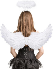 Feather Angel Wings and Halo Set Costume for Adults Kids Girls Halloween Party