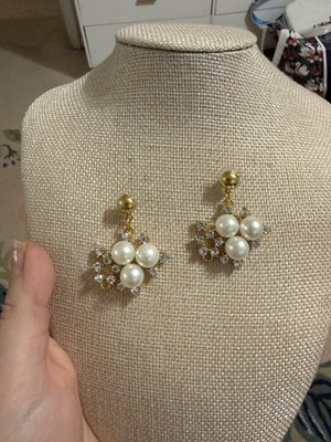 Gold Tone Faux Pearl Rhinestone Cluster Drop Earrings Vintage Style Wedding Post
