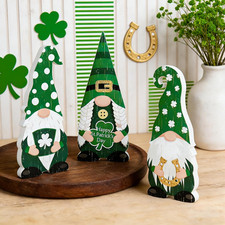 3 Pcs Double Sided St. Patrick'S Day  Easter Wooden Gnomes Table Block Sign Dec