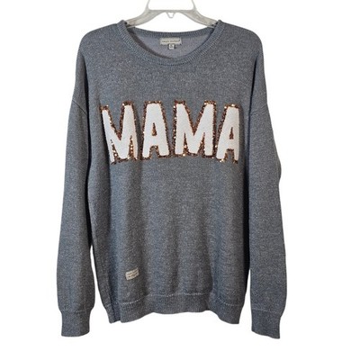 Simply Southern MAMA Knit Sweater Gray Womens XL Glam Sparkle Lightweight 
