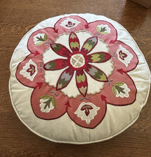 Round Decorative Accent Pillow, Red, Rose, Green and off White applique design