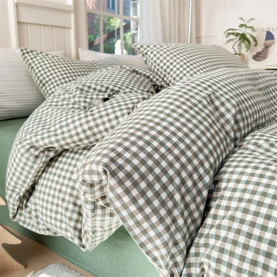 Green Gingham Duvet Cover Queen 100% Washed Cotton Plaid Checkered Vintage - Image 3 of 4