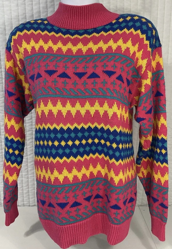 复古 80 年代 Brightsider 几何针织毛衣粉色黄色蓝色模拟领 M  — 第 2/4 张图片