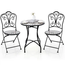 3pcs Patio Bistro Set Mosaic Pattern Heavy-Duty Metal Dining Folding Outdoor