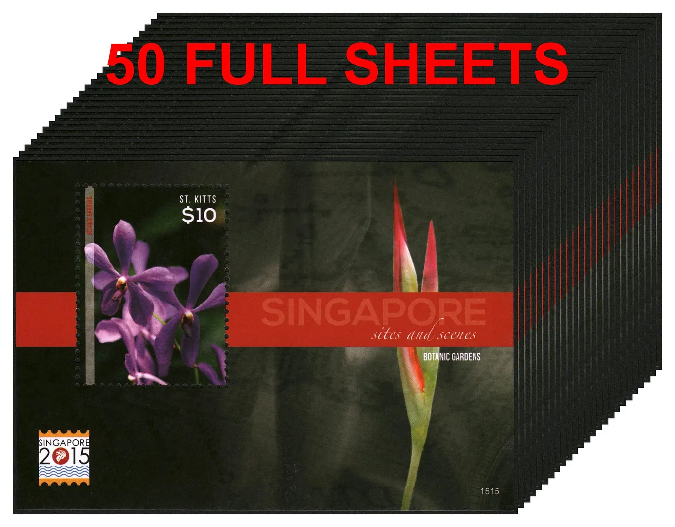 Lot 50X ST.KITTS 2015 Stamps Sheet Singapore Stamp Expo - Sites and Sc #F30420