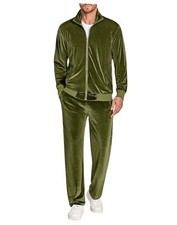 Mens 2 Piece Velour Tracksuit Full Zip Jackets Pants Velvet Large Army Green