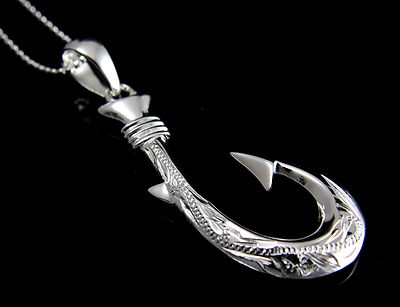 SOLID 925 STERLING SILVER HAWAIIAN SCROLL MAILE 2 SIDED 3D FISH HOOK PENDANT