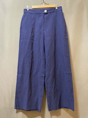 NWOT MANGO Women Elastic Waist Zip Front Hi-Rise Wide-Leg Crop Pants SZ M/6 Navy