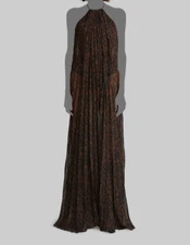 $1095 Halston Women's Brown "Marina" Leopard Chiffon Pleated Gown Dress Size 8