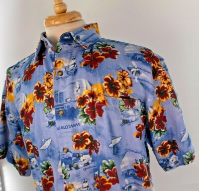 Qualcomm Hawaiian Aloha Shirt Sz Large Blue with Flowers Made in USA Nerdy Cool!
