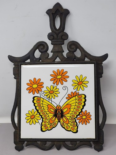 Vintage Cast Iron Trivet Butterfly & Flowers Ceramic Tile Design Made In Japan