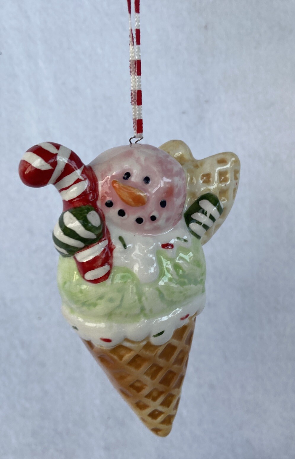 Ceramic Ice Cream Waffle Sugar Cone Christmas Ornament by RAZ Candy Canes