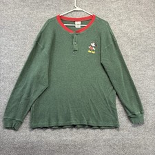 Vintage Disney Store Mickey Mouse Thermal Henley Shirt Men XL Green Waffle Knit