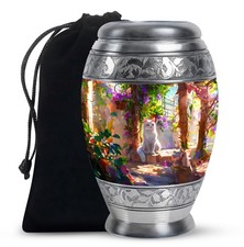 Flowers White Cat Unique Large Urn For Ashes Adult Father  Mother 10 Inch 