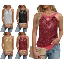 Womens Glittery Sequin Halter Top Crew Neck with Cutout Sleeveless Back Tying
