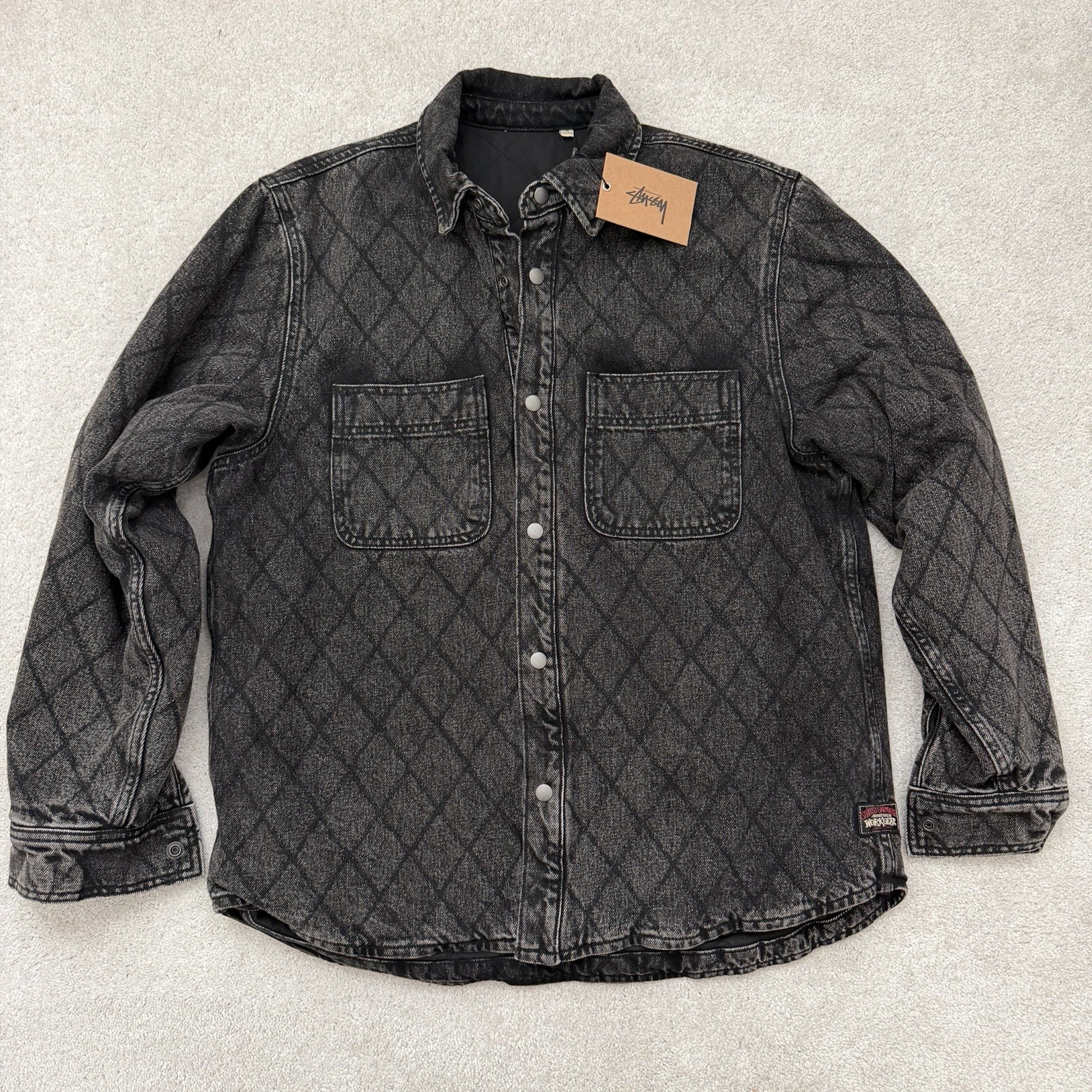 NEW Stussy Workgear Denim Jacket Men's Medium Black Quilted Snap Up Streetwear
