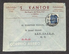 PORTUGAL 626 STAMP LISBOA TO NEW YORK KANTOR TO FIRESTONE AIRMAIL COVER 1943