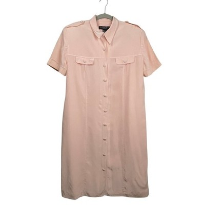 August Silk Womens Pink 100% Silk Short Sleeve Button Front Shirt Dress Size 14