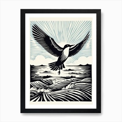 Schwarzweiß Vogel Linolschnitt Seeschwalbe 1 Kunst gerahmt Wandbild Poster Leinwanddruck Bild