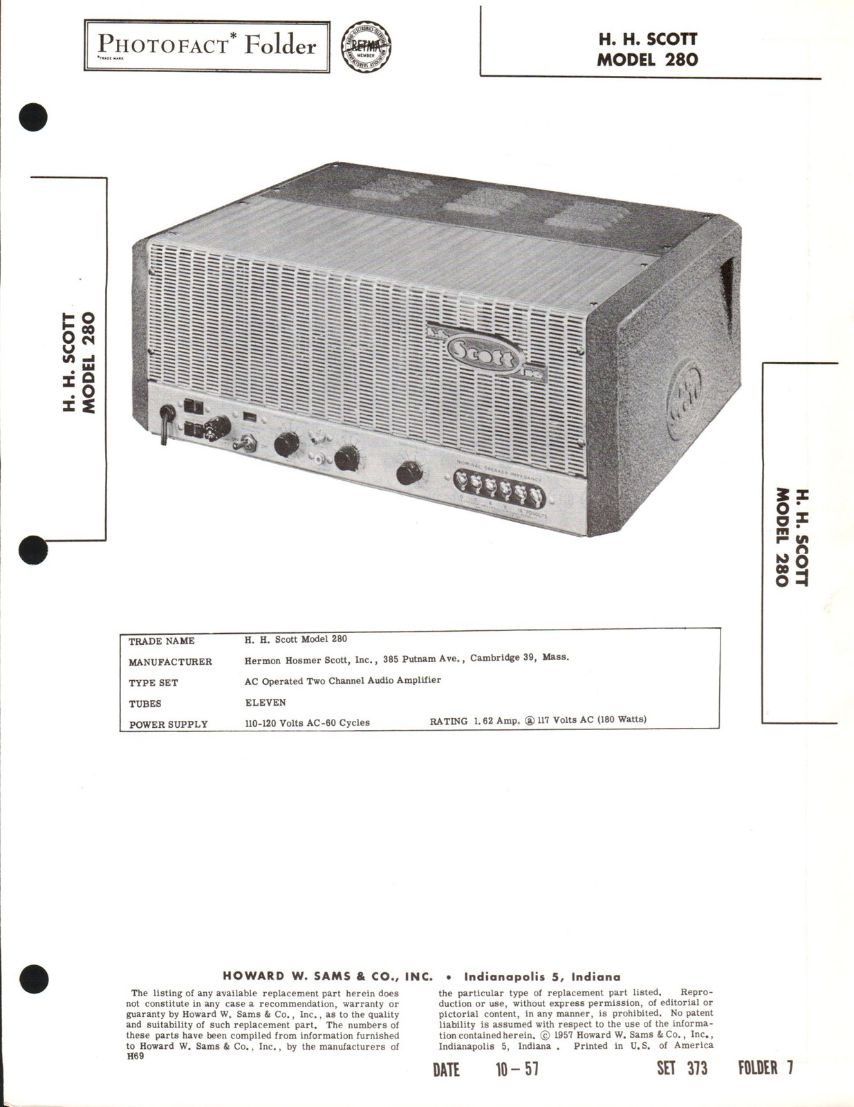 Sams Photofact HH Scott 280 Audio Amplifier Manual w/ Schematics (original)