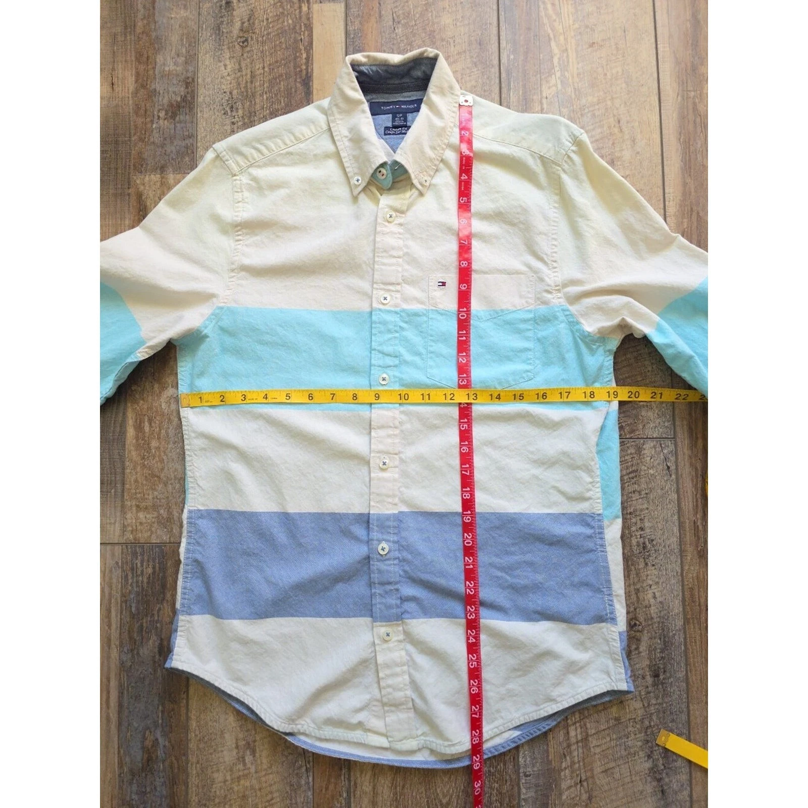 Tommy Hilfiger - Striped Colorblock Oxford Shirt - S - Cream Aqua Blue - product detail image 7