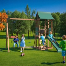 4-in-1 Cedar Swing Set: Slide, Rock Wall  Soft Cushion Swings for Backyard