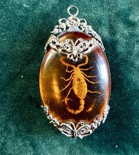 Vintage Amber Scorpion Necklace Pendant (no Chain) 3” Silvertone Metal Fretwork