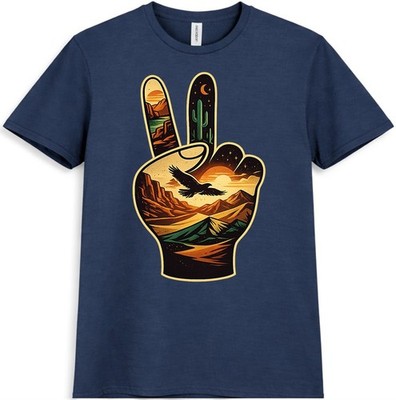 Peace Zeichen Sonnenuntergang T-Shirt Adler Berg Wüste Grafik Tee Natur Kunst Top