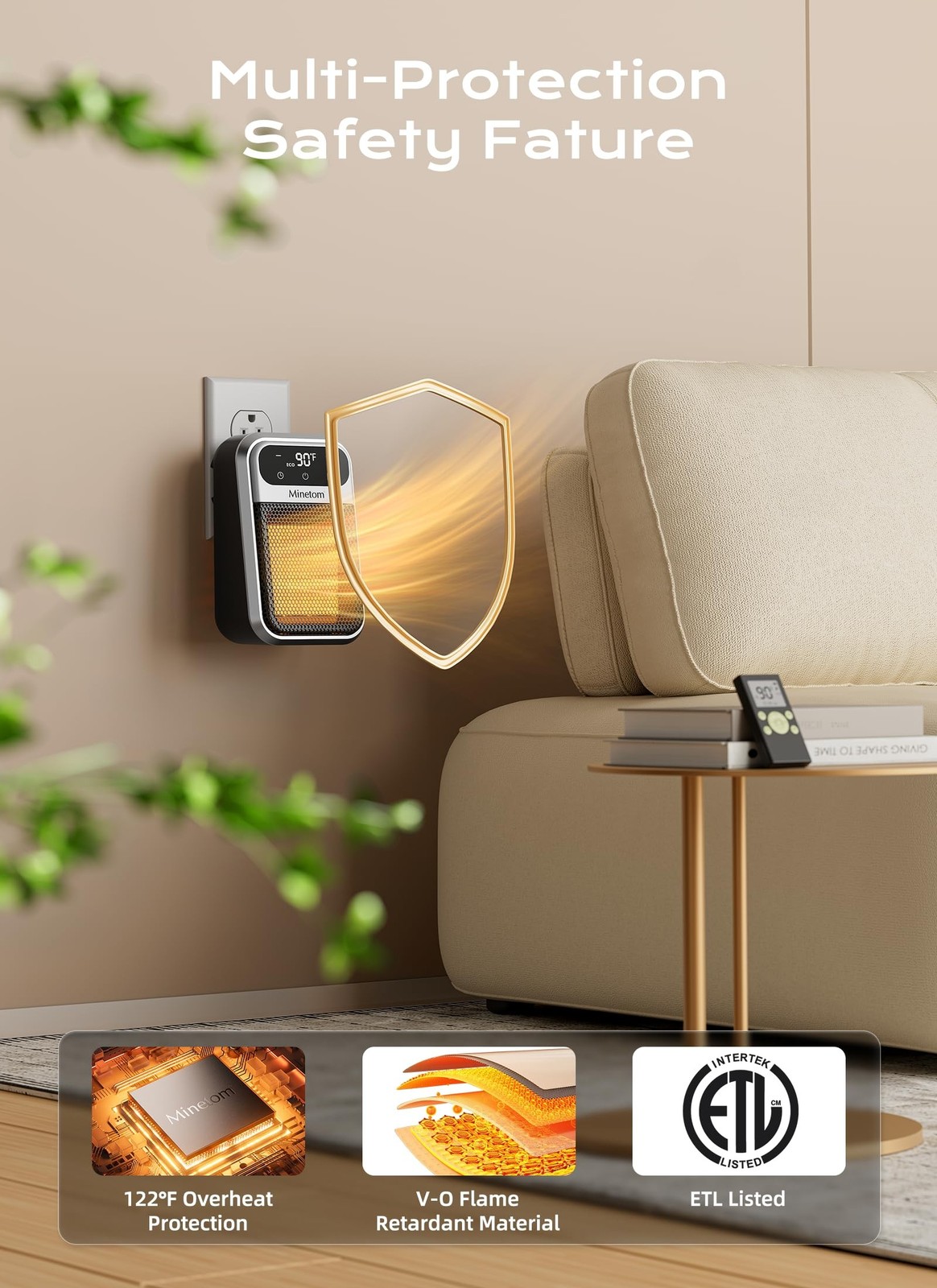 Minetom Portable Plug In Space Heater, 800W Small Wall Heater for Indoor Use,...