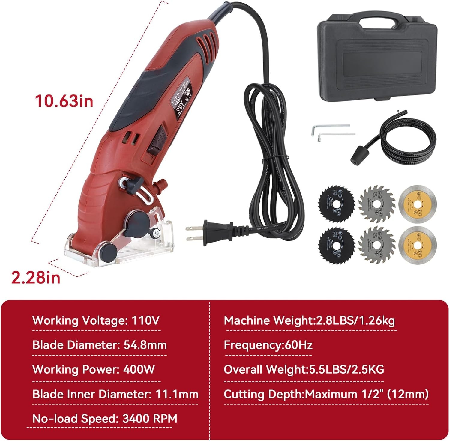 Corded Mini Circular Saw, 400W 110V 3400RMP Multifunction Handheld with 6 Red 