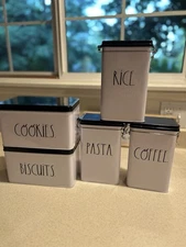 Rae Dunn Tin Storage Canisters black white rice pasta coffee cookies biscuits 