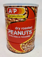 Vintage A&P Grocery Store 36oz Dry Roasted Peanuts Metal Tin Can w/ Plastic Lid