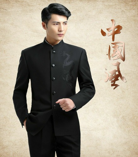 Mens Traditional Mandarin Suit Coat Chinese Banded Collar Single Breasted Jacket - Picture 14 of 16