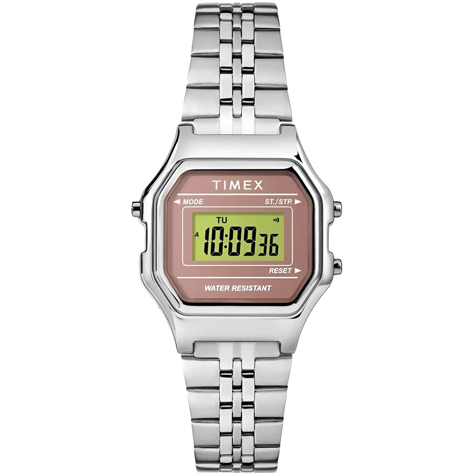 Timex Women's Watch T80 Pink and Grey Dial Silver Bracelet Digital TW2T48500