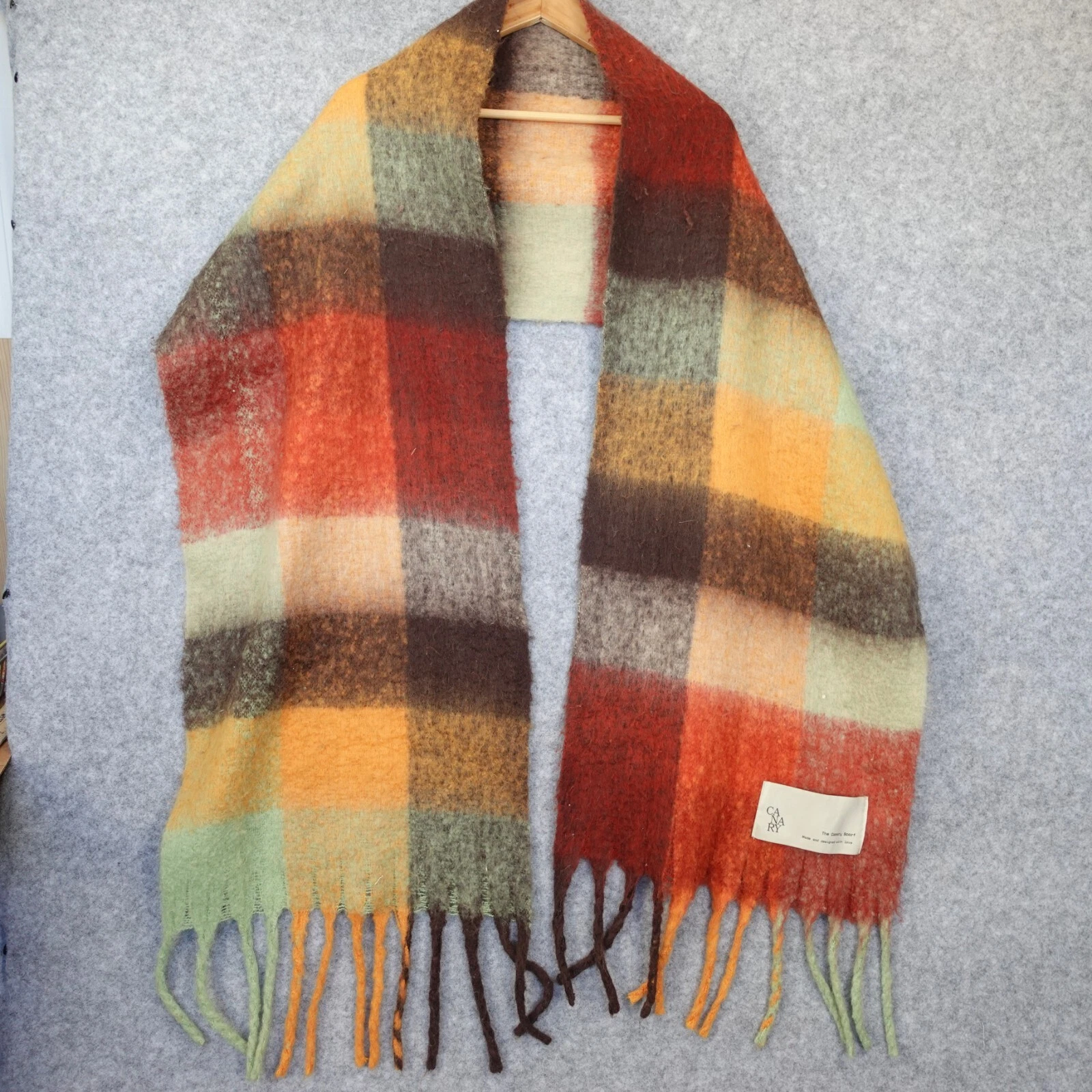 Plaid Shawl Scarf Red Brown Fringe Wrap Fall Winter Warm THE CANARY 15x48