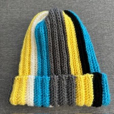 HANDMADE CROCHET BOYS-GIRLS multicolor YELLOW BLUE GRAY STRIPED Beanie HAT