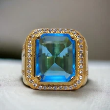 Aquamarine Gemstone With 925 Sterling Silver Gold Plated Ring For Men's #AL174