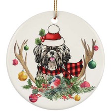 Cute Puppy Shih Tzu Dog With Antlers Reindeer Flower Xmas Circle Ornament Gift