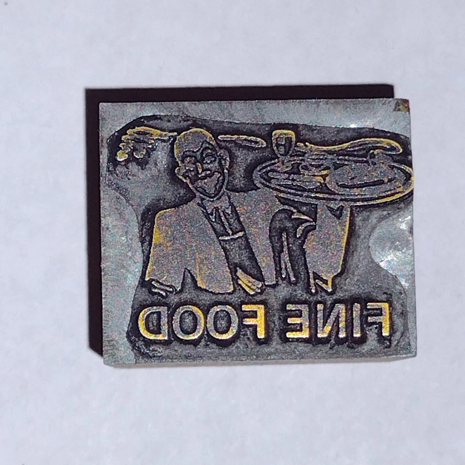 Fine Food Man Holding A. Steaming Tray Letterpress Printers Block Antique  - Image 4 of 4