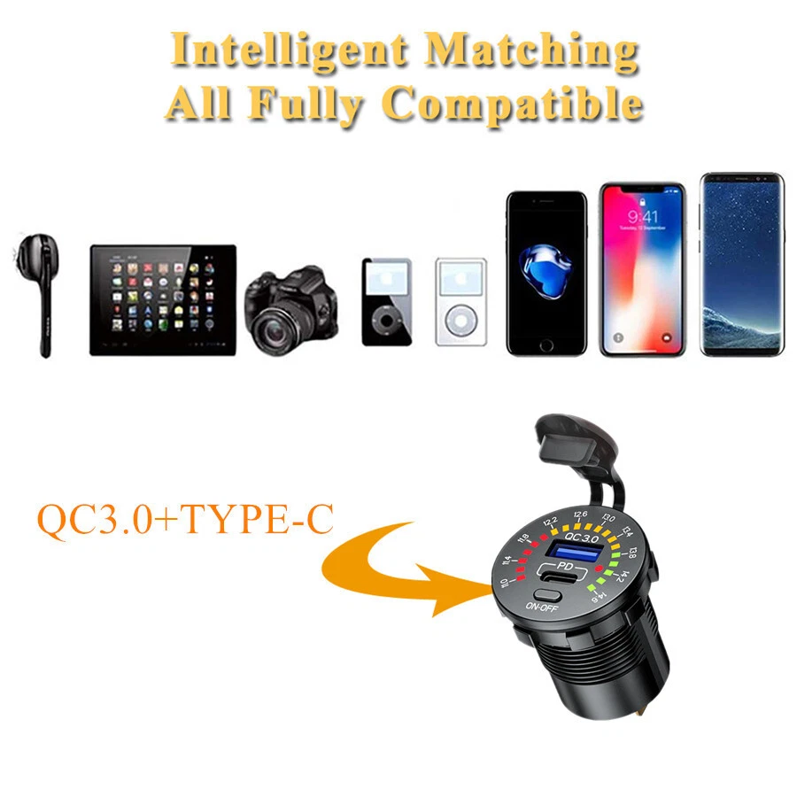 Adaptador de toma de corriente cargador rápido USB para motocicleta con voltímetro LED interruptor de encendido y apagado  Foto 4 de 4