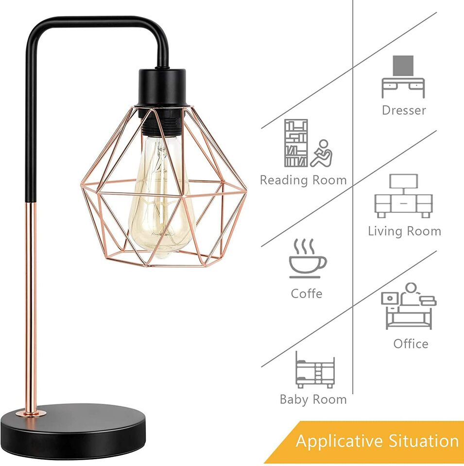 Industrial Table Lamp Rose Gold Bedside Lamp Geometric Cage Shade for